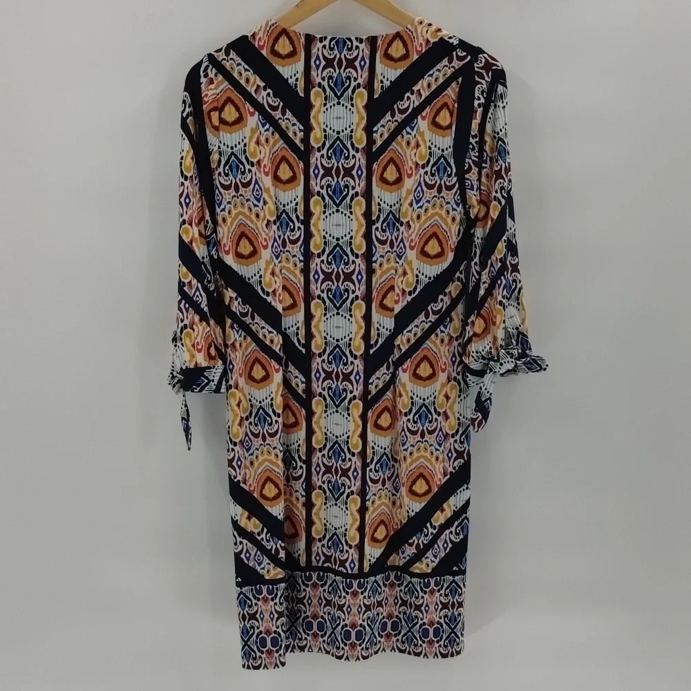 Chico's Ikat Shift Dress 0 S Tie Sleeve V-Neck Multicolor Blue Orange Womens